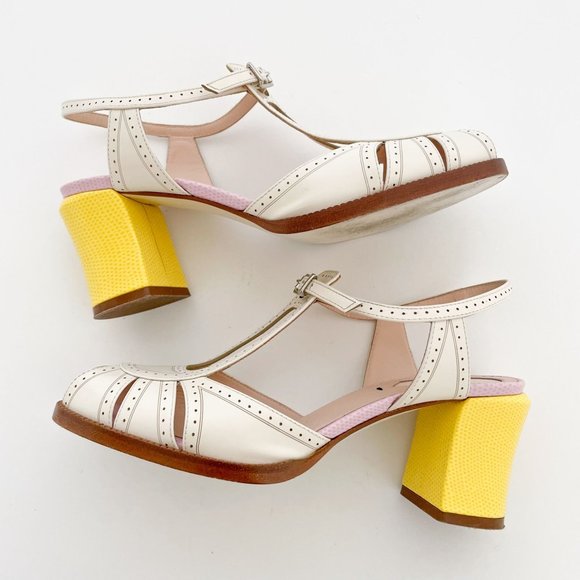 Fendi Chameleon Pumps EU 36 US 6 Cream Yellow Mary Jane Block Mid Heel Sandal - Picture 9 of 13